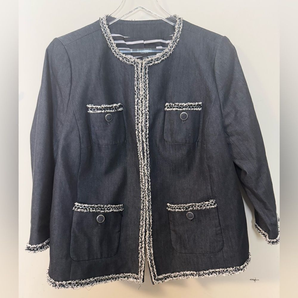 Talbots Women's Plus Size Black/White Fringe Trimmed Denim Jacket Blazer Sz 14WP